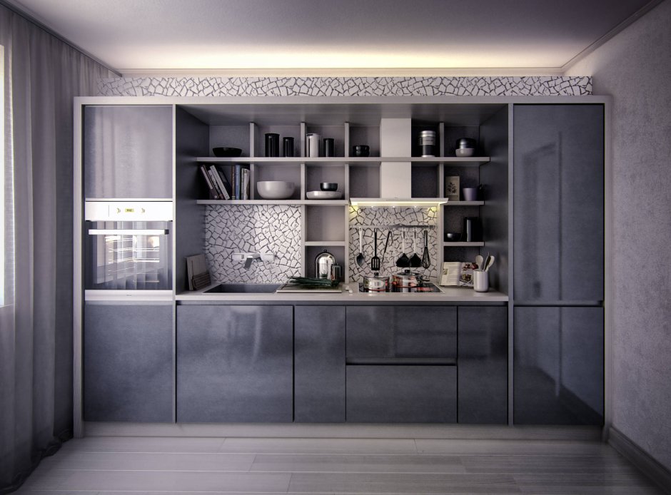 Серая кухня с полками