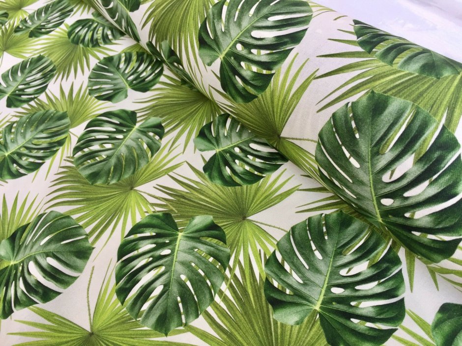 Тюль желтая с тропическими листьями