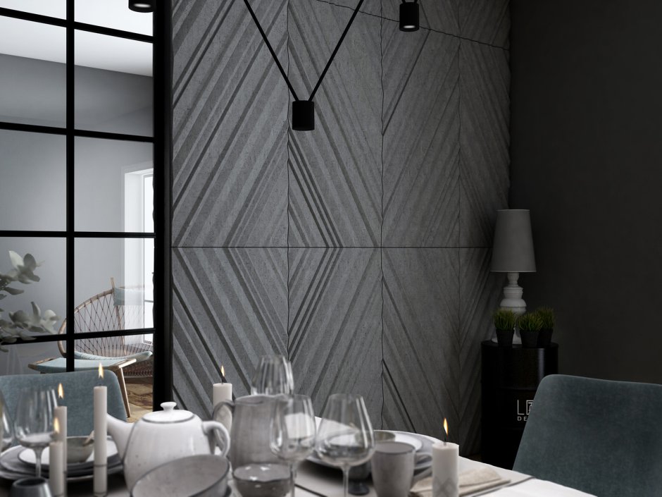 Черная стена с деревянными рейками