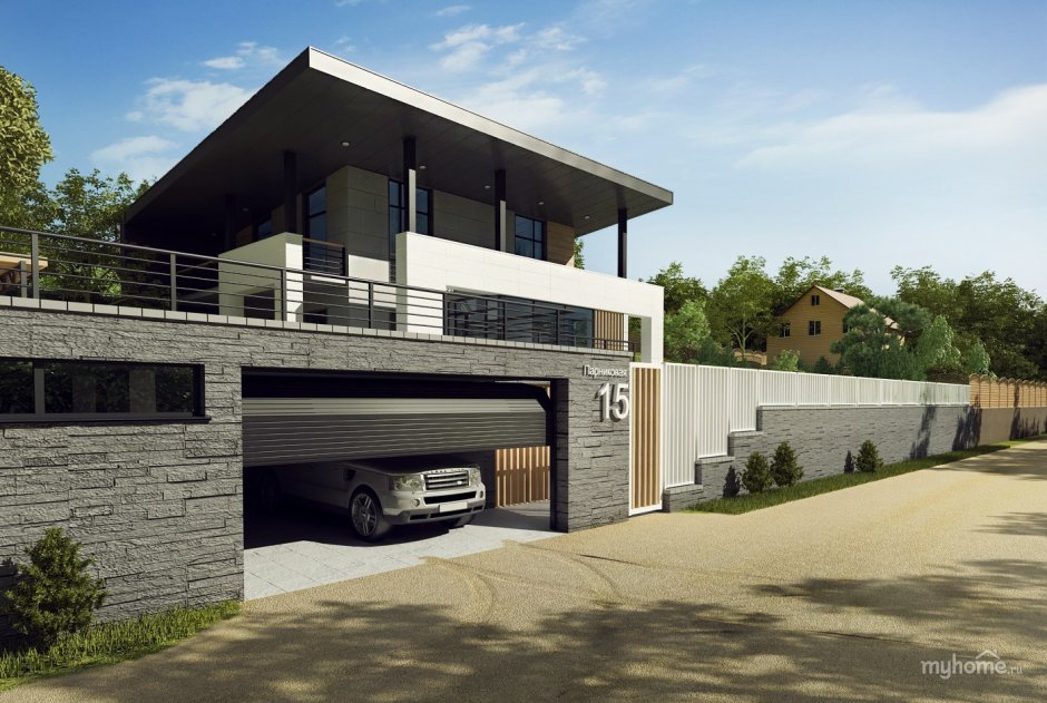 Дом с гаражом и навесом в современном стиле