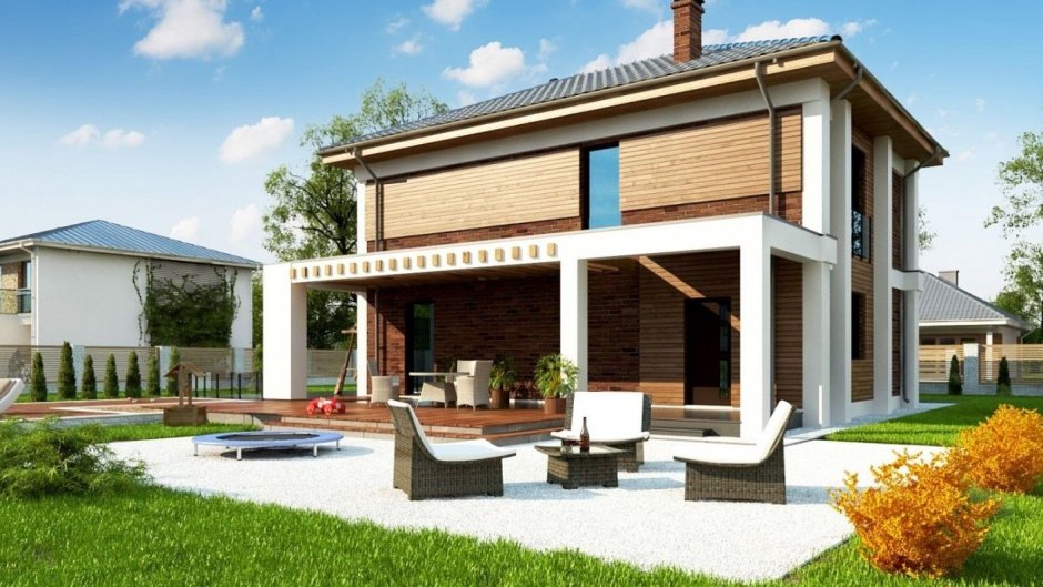 Двухэтажный дом с террасой и гаражом современный