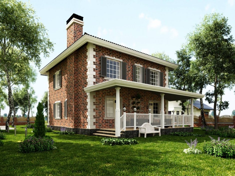 Двухэтажный дом в классическом стиле с террасой