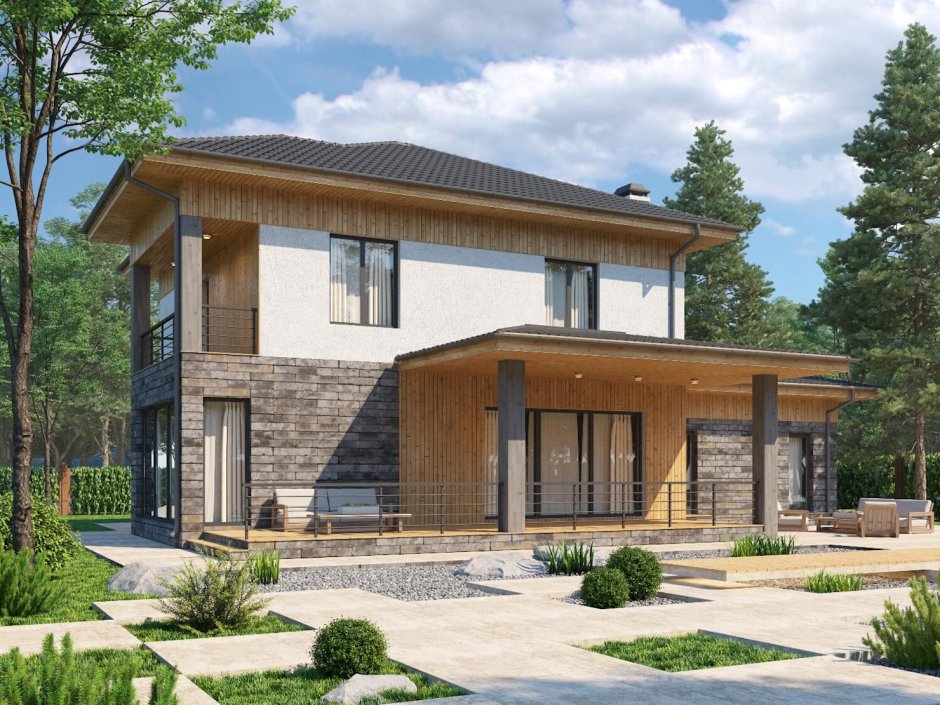 Двухэтажный дом с гаражом и террасой