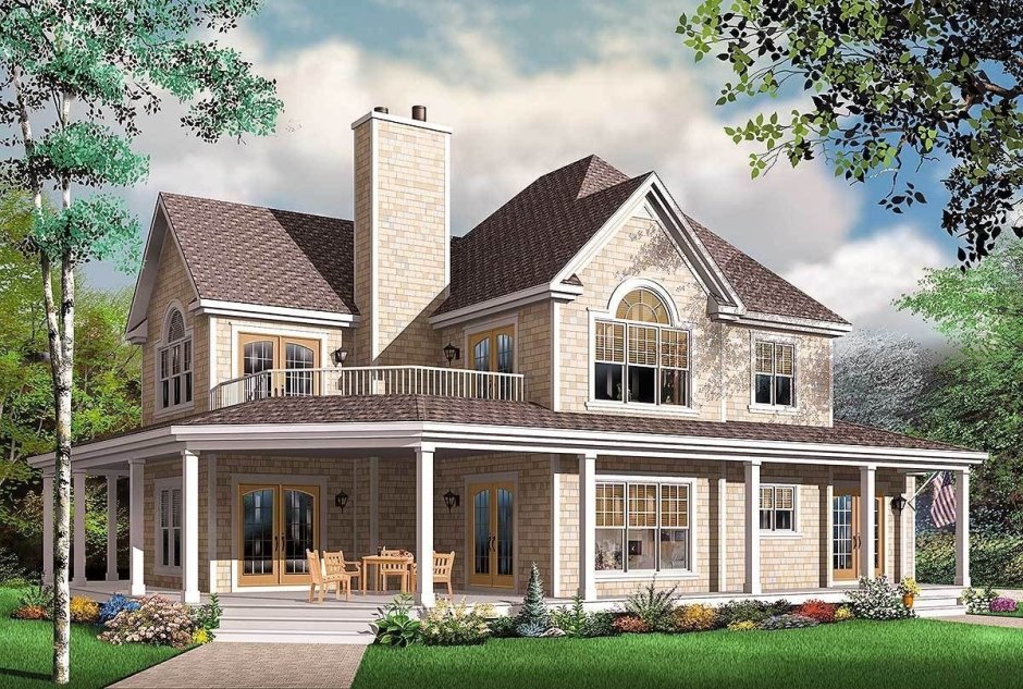 Двухэтажный дом с верандой