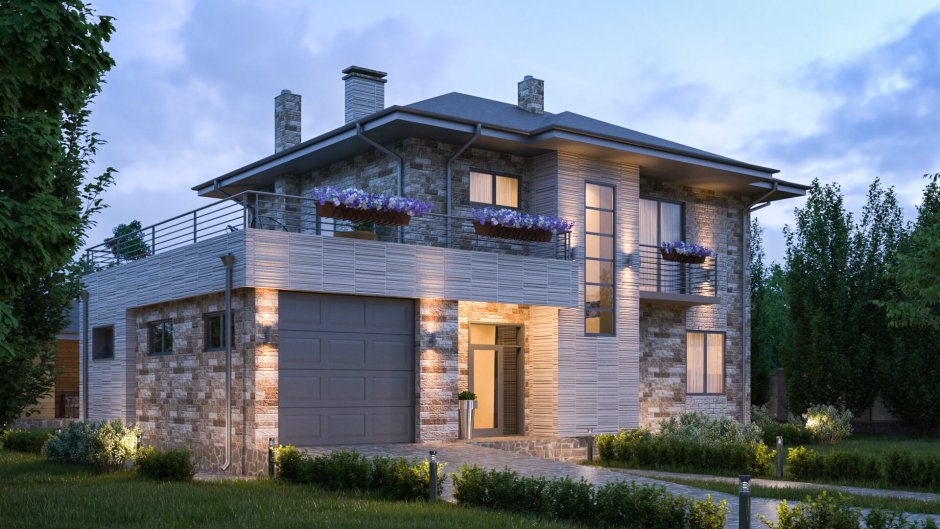 Двухэтажный дом с большим балконом