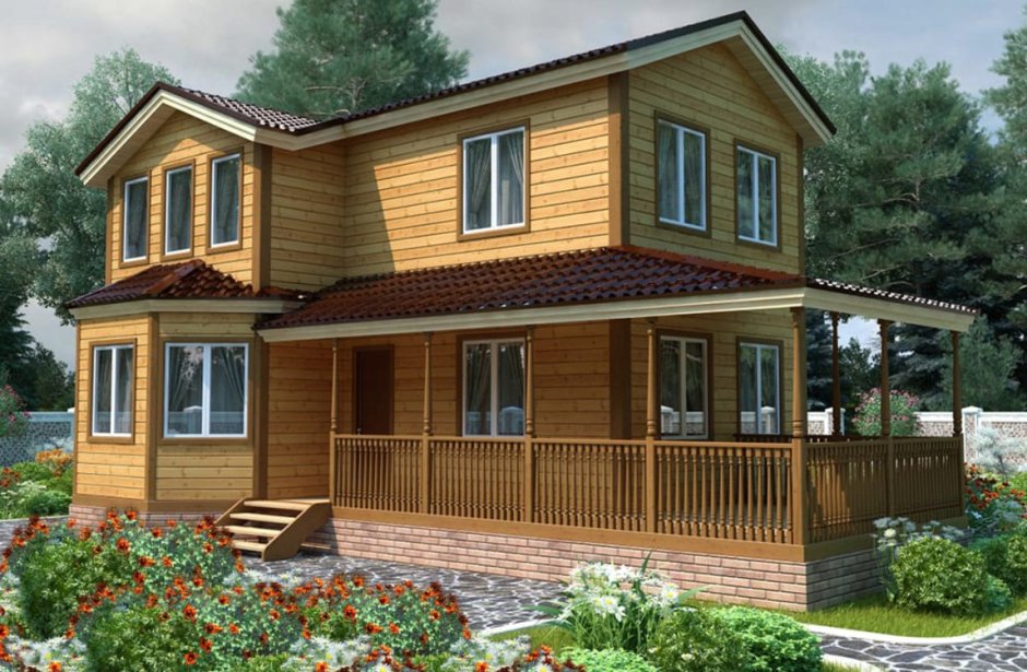 Двухэтажный дачный дом с верандой