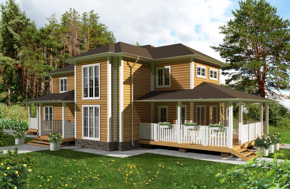 Двухэтажный каркасный дом с террасой