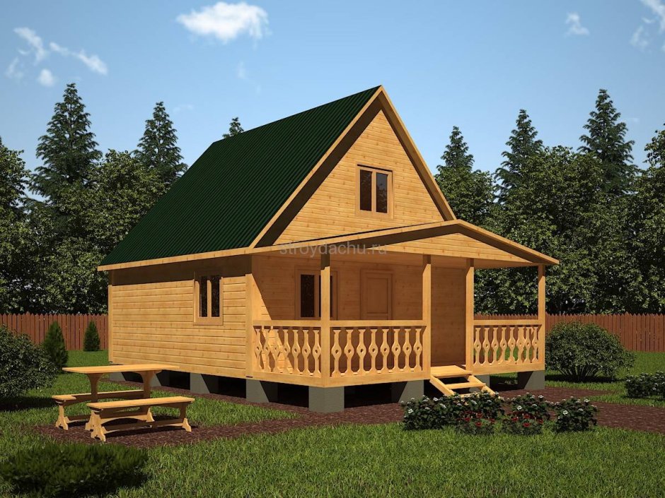 Баня 6 на 6 с мансардой и верандой