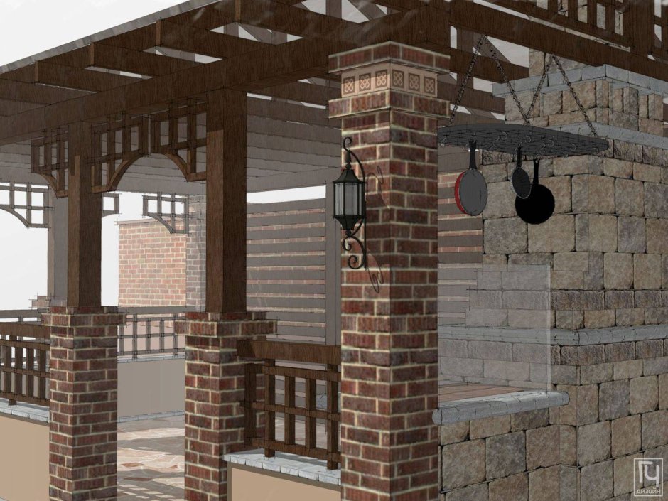 Беседка с кирпичными колоннами