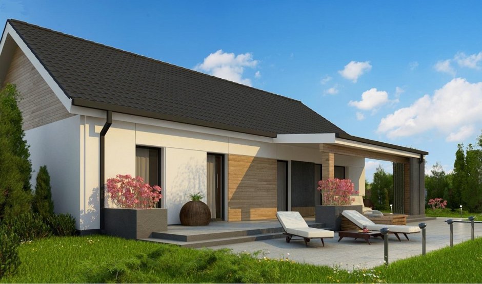Одноэтажный дом с террасой 140 м2 с двухскатной крышей