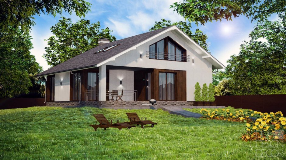 Одноэтажный дом с двускатной крышей