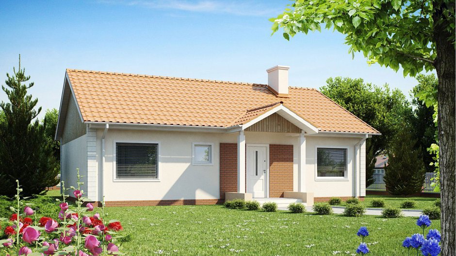Одноэтажный дом с двухскатной крышей и гаражом
