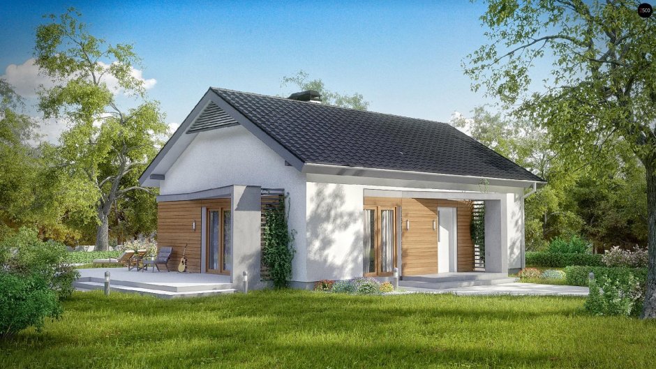 Одноэтажный дом с двускатной крышей