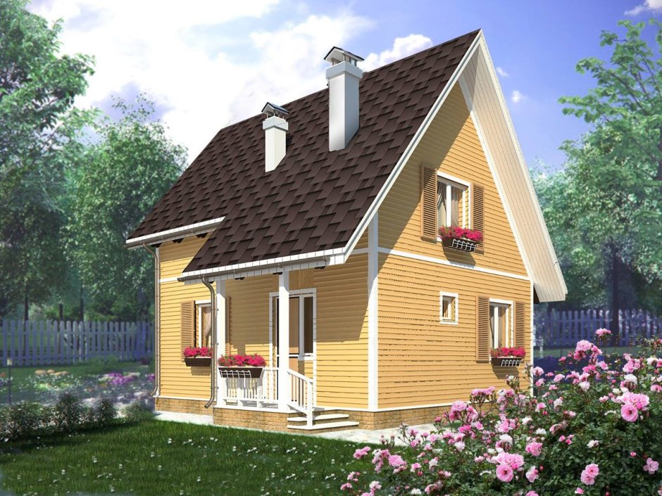 Небольшой дачный домик с мансардой бюджетный