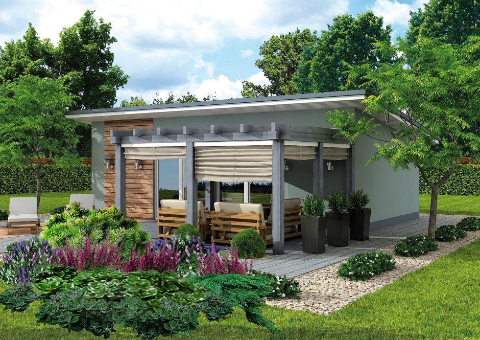 Проект бани с односкатной крышей и террасой