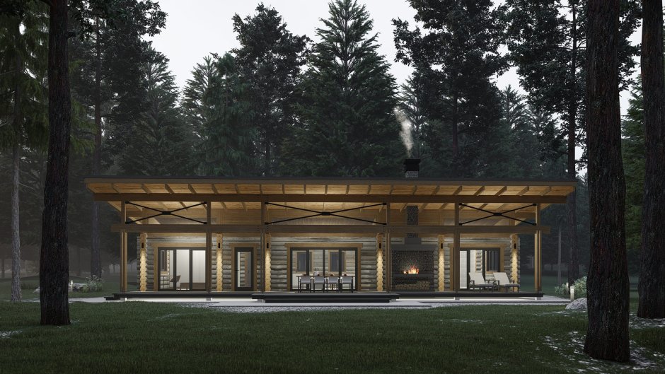 Баня с односкатной крышей и террасой и зоной