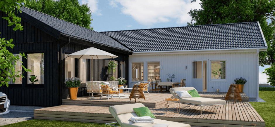 Г-образный дом одноэтажный с террасой