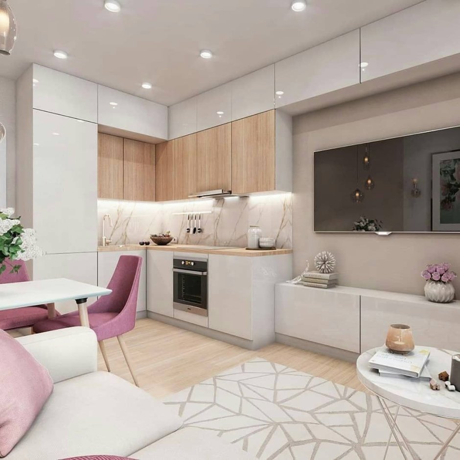 Кухня - гостиннаяв светлых тонах