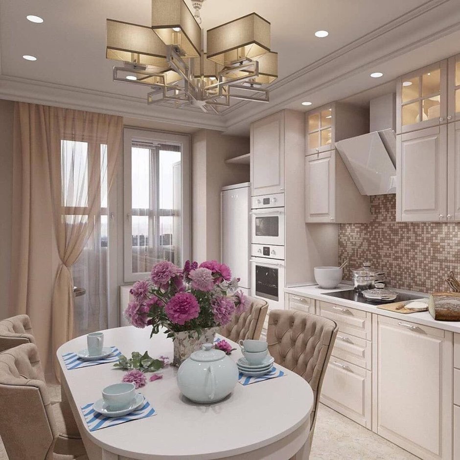 Большая белая кухня гостиная