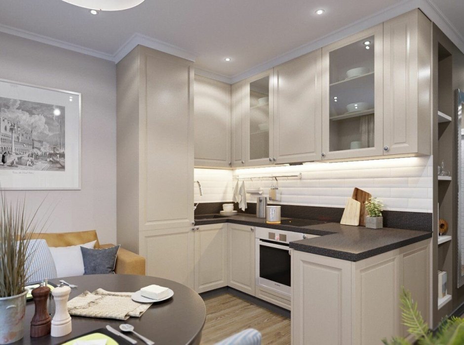 Г-образная кухня-гостиная