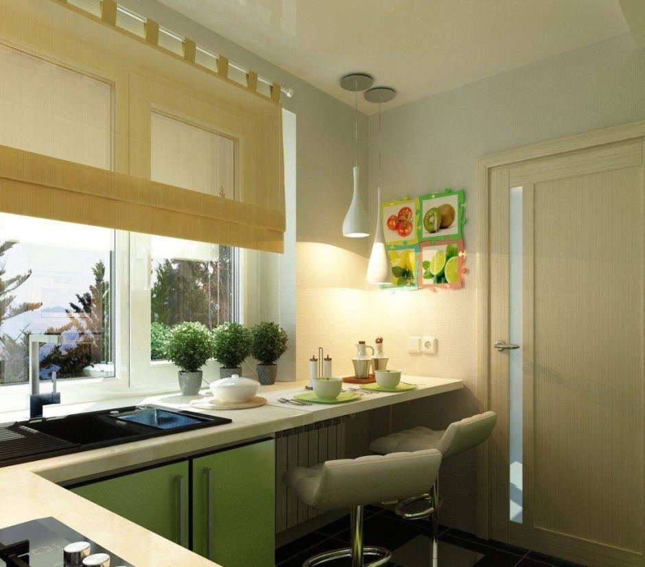 Интерьер кухни с большим окном