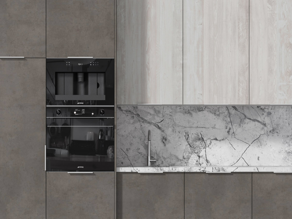 Кухня с мраморной столешницей и фартуком