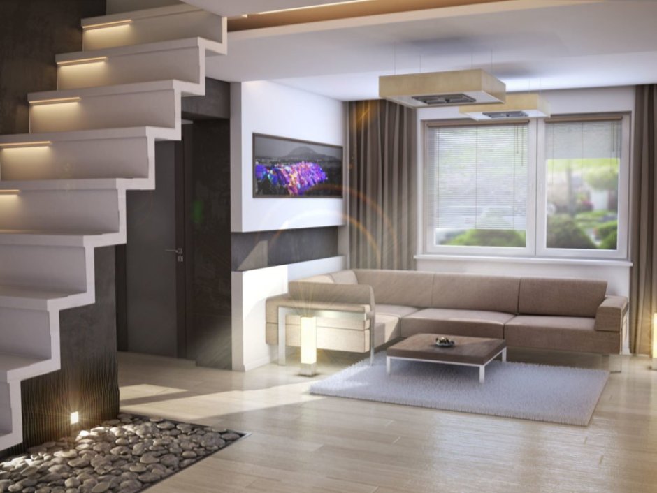 Гостиная с лестницей на второй этаж