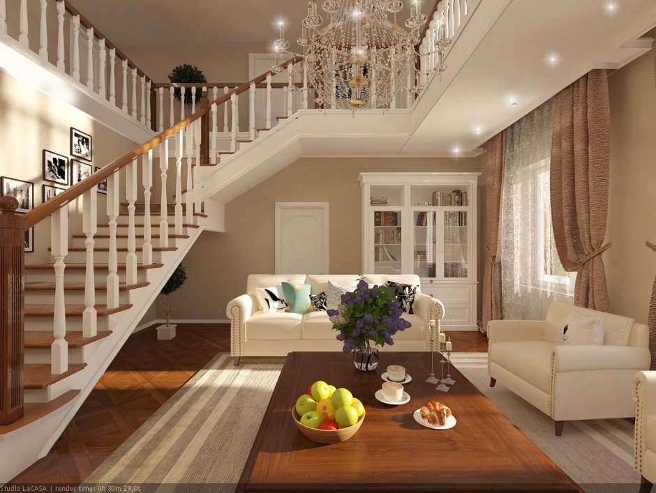 Кухня гостиная с лестницей