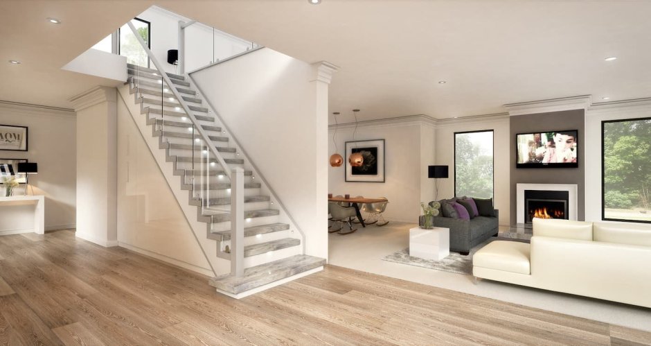 Кухня гостиная с лестницей