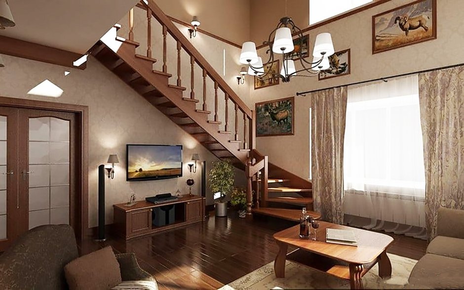 Кухня гостиная с лестницей