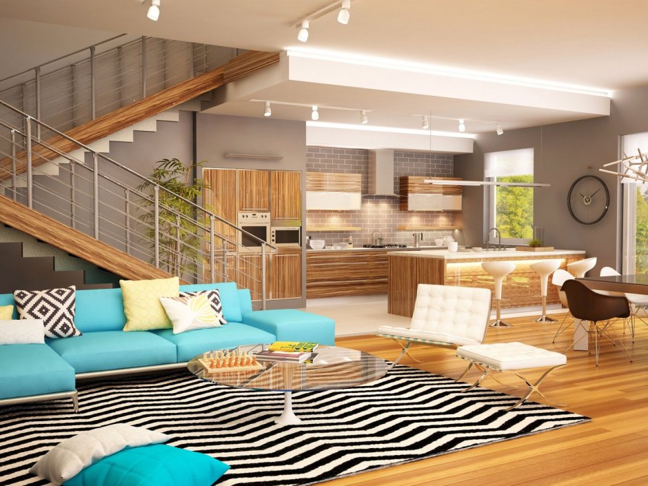 Кухня гостиная с лестницей