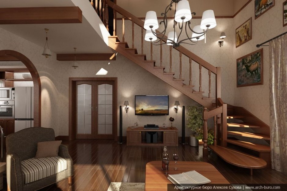 Гостиная с лестницей