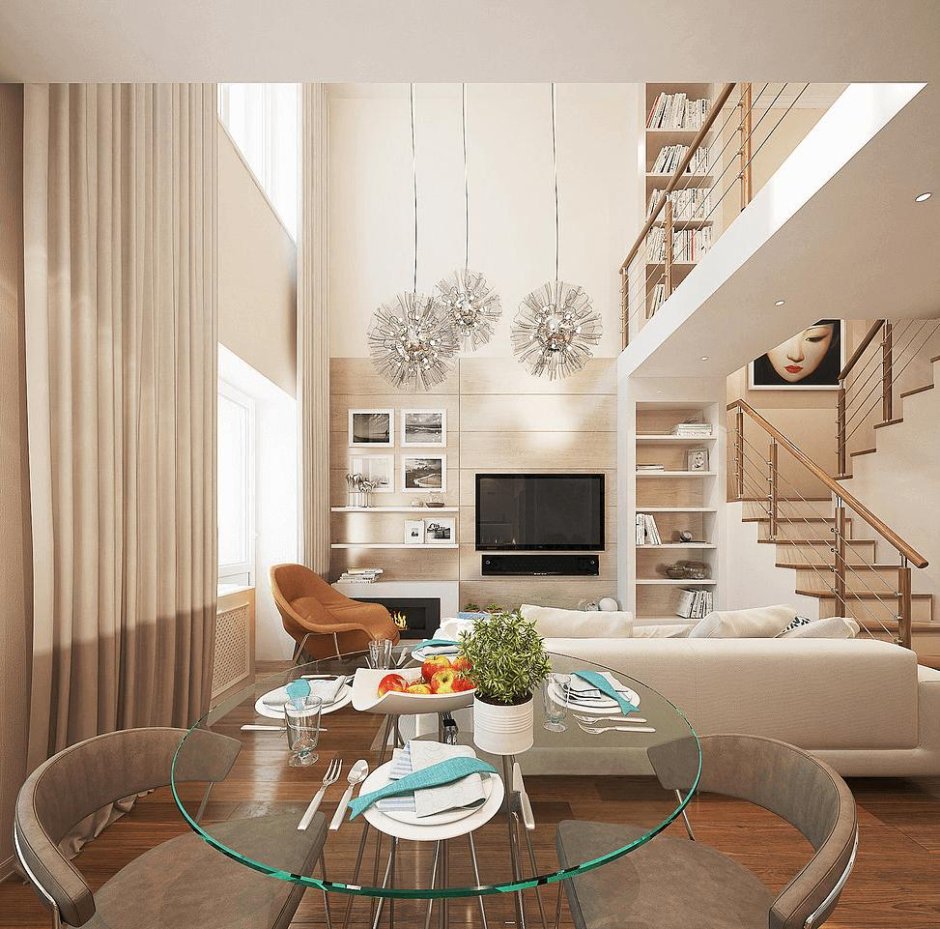 Интерьер кухни с лестницей