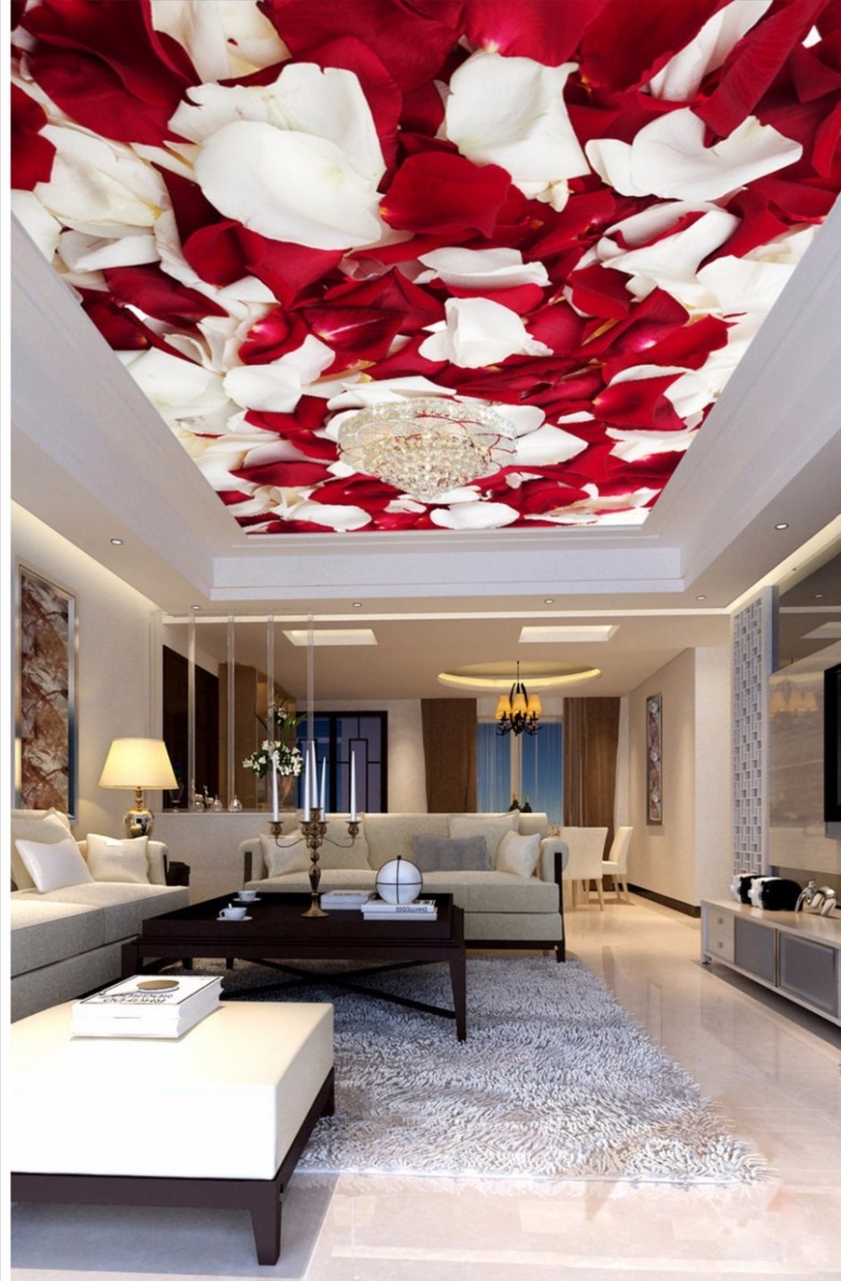 Натяжные потолки с фотопечатью для кухни с розами