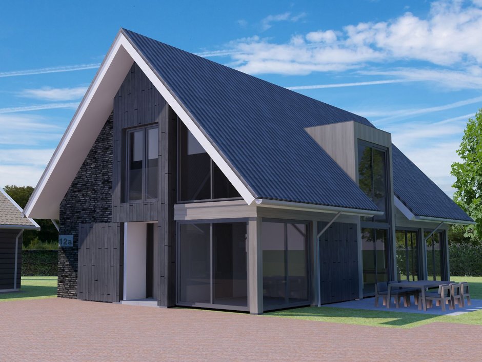 Дом хайтек с двускатной крышей