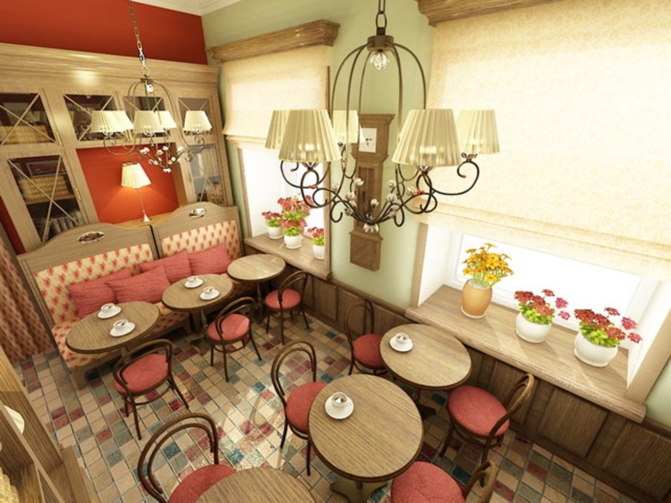 Бежево зеленый интерьер кафе