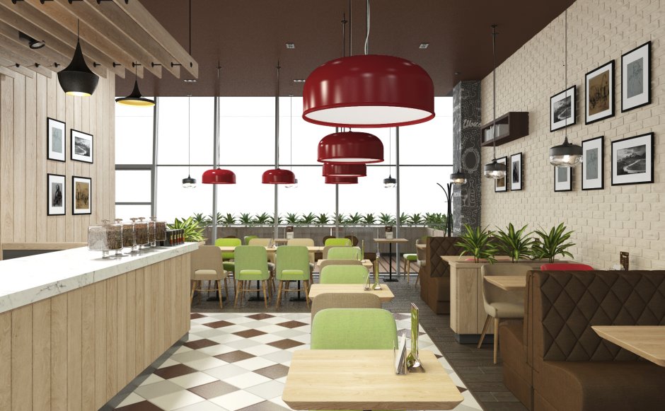 Интерьер маленького кафе быстрого питания