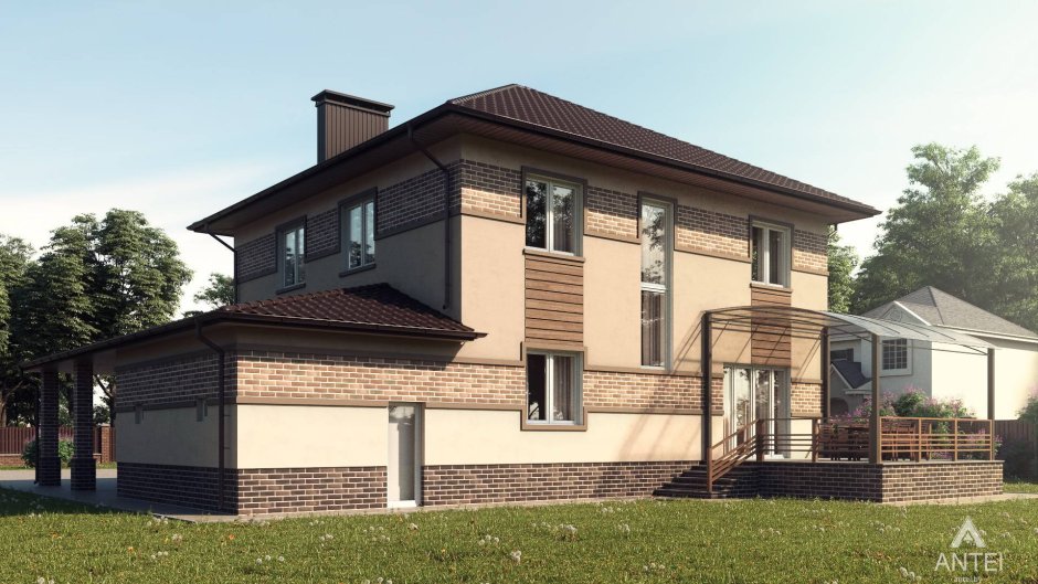 Двухцветный фасад дома с мансардой