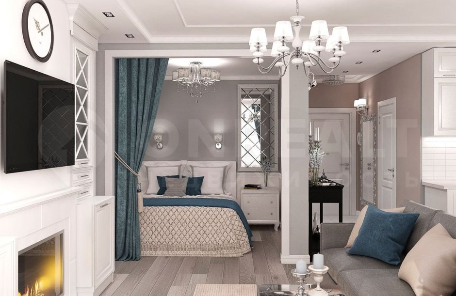 Гостиная 40 кв м стиль Неоклассика