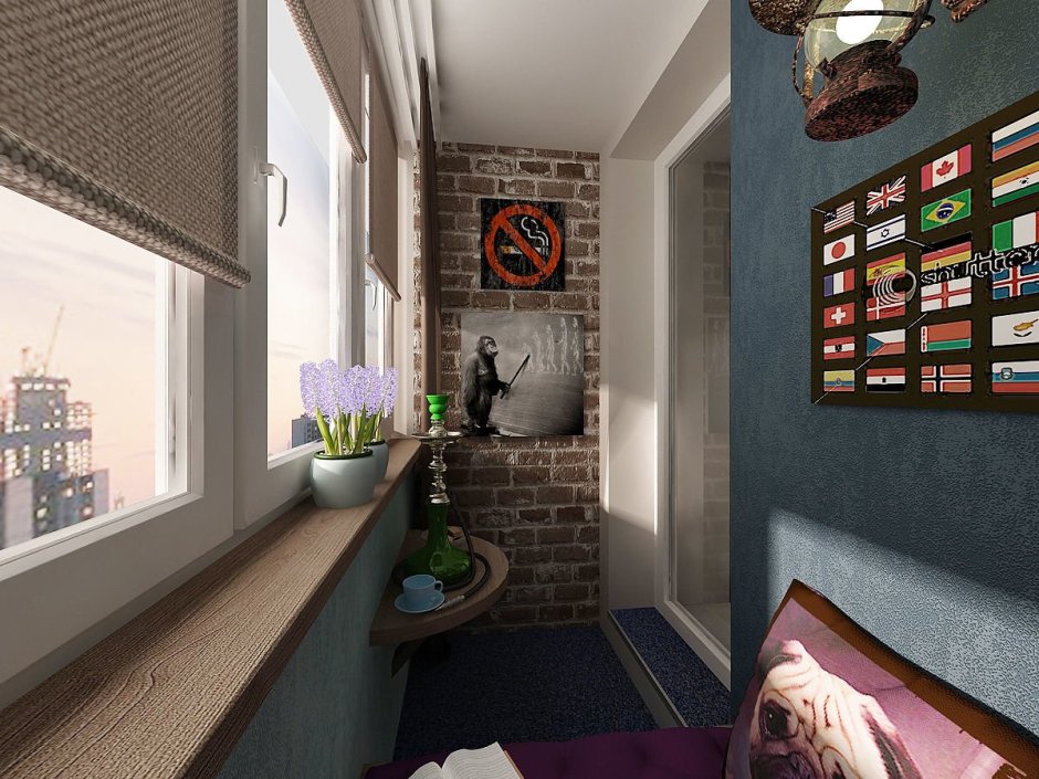 Уютный балкон с кирпичной стеной