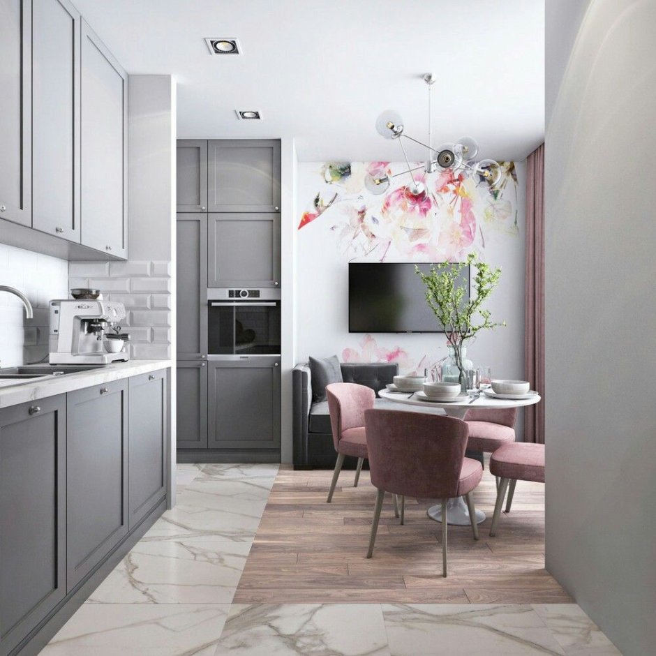 Серо розовая кухня