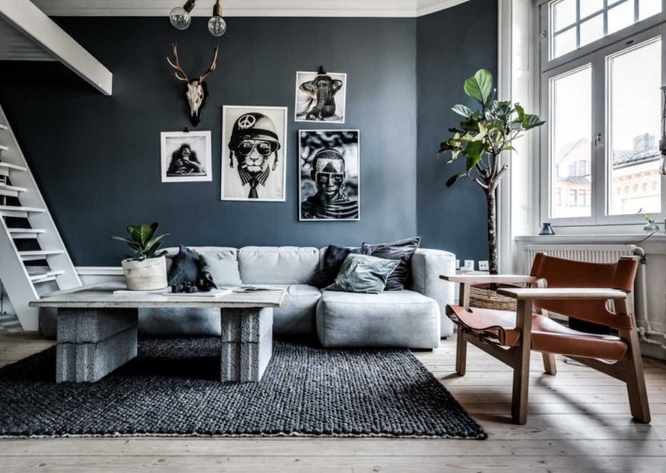 Гостиная в скандинавском стиле в темных тонах