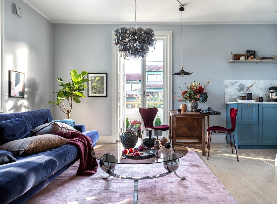 Синяя гостиная в скандинавском стиле