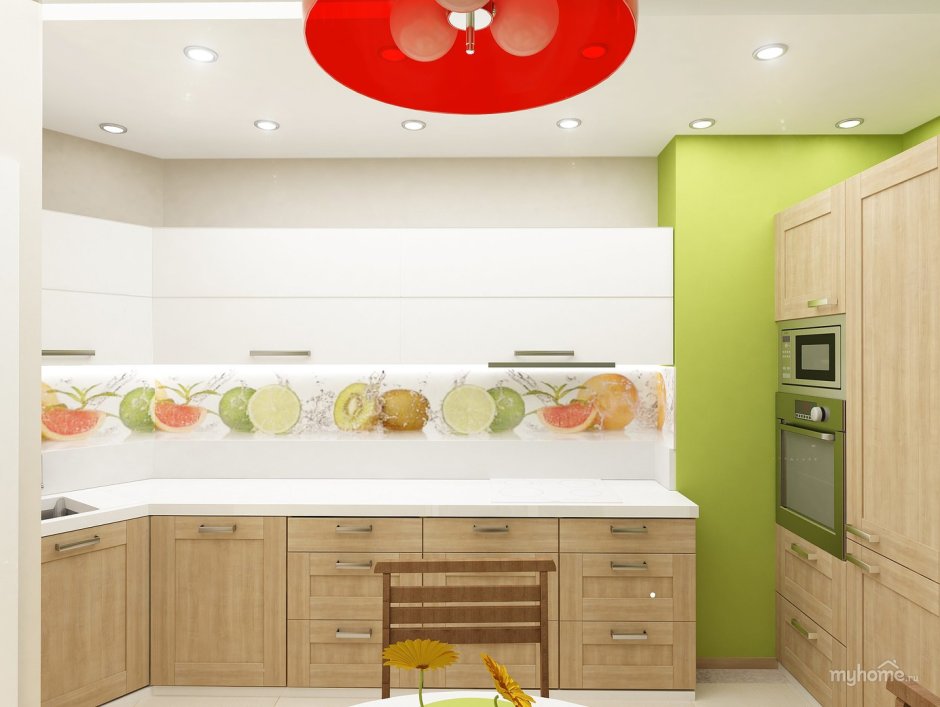 Светлые кухни с цветными фартуками