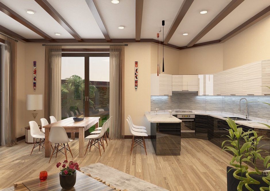 Кухня-гостиная в доме с выходом на террасу