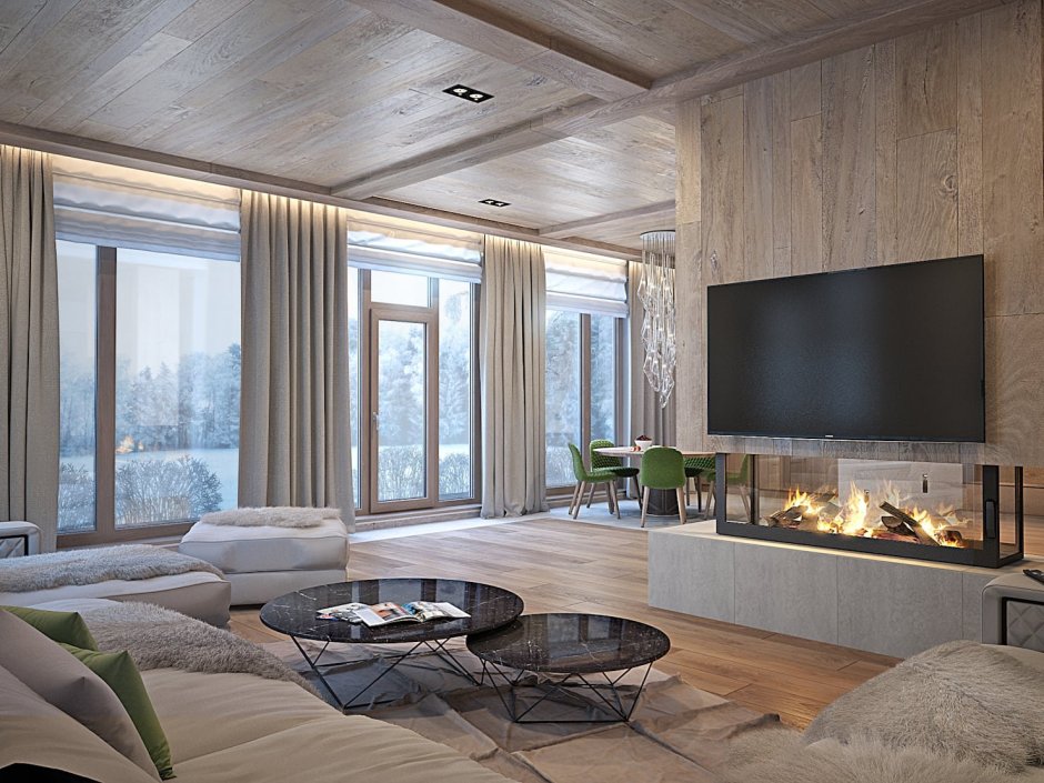 Интерьер гостиной в загородном доме