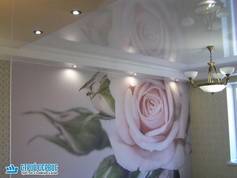 Натяжные потолки с фотопечатью цветы в углу