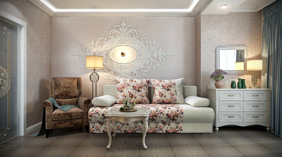 Лепнина на стенах в интерьере гостиной