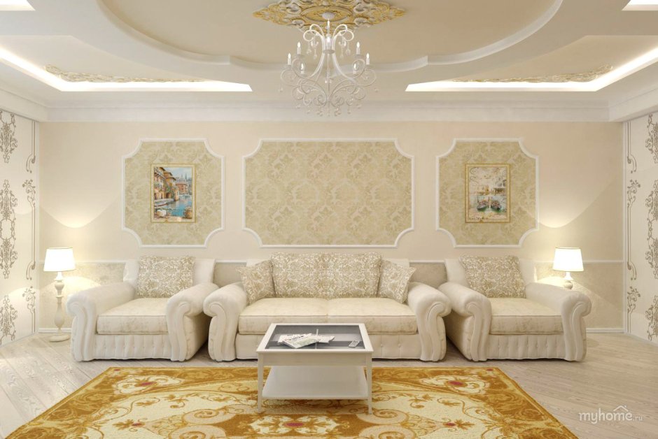 Обои в рамке в гостиной