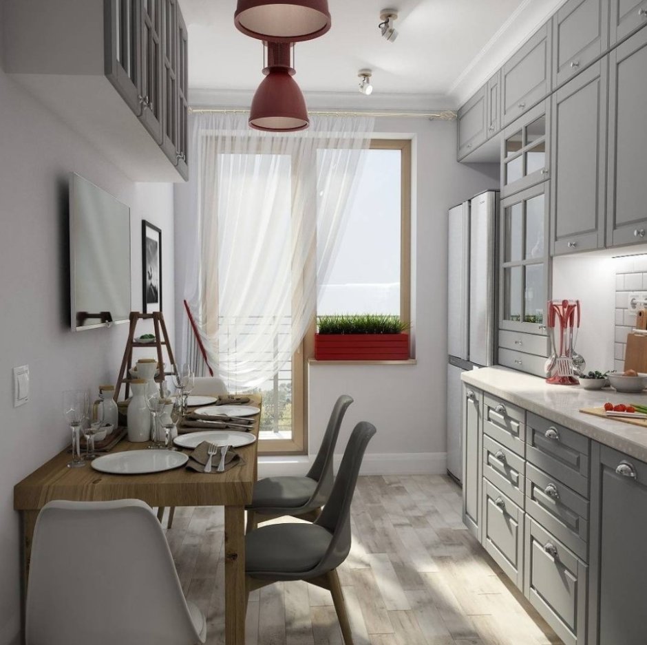 Интерьер вытянутой кухни